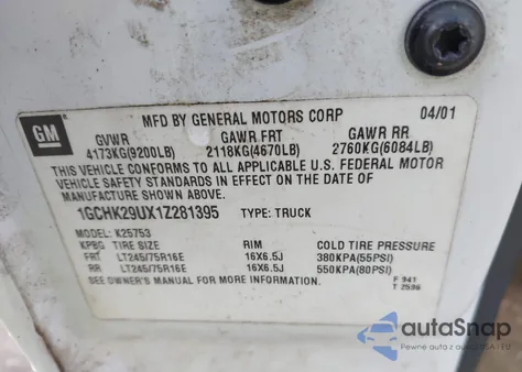 2001 Chevrolet Silverado 2500Hd Lt из США, поврежденный, VIN 1GCHK29UX1Z281395